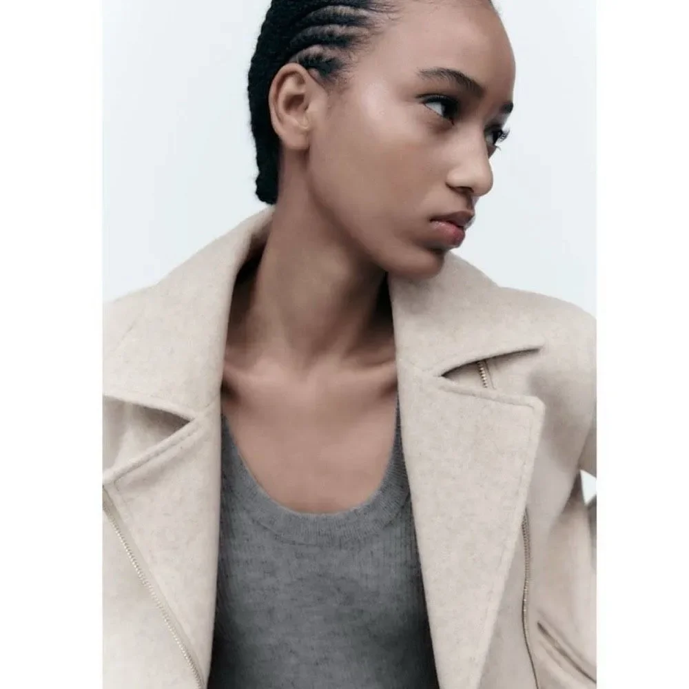 ZARA Soft Lapel Collar Crossover Asymmetric Moto Jacket Size S Camel